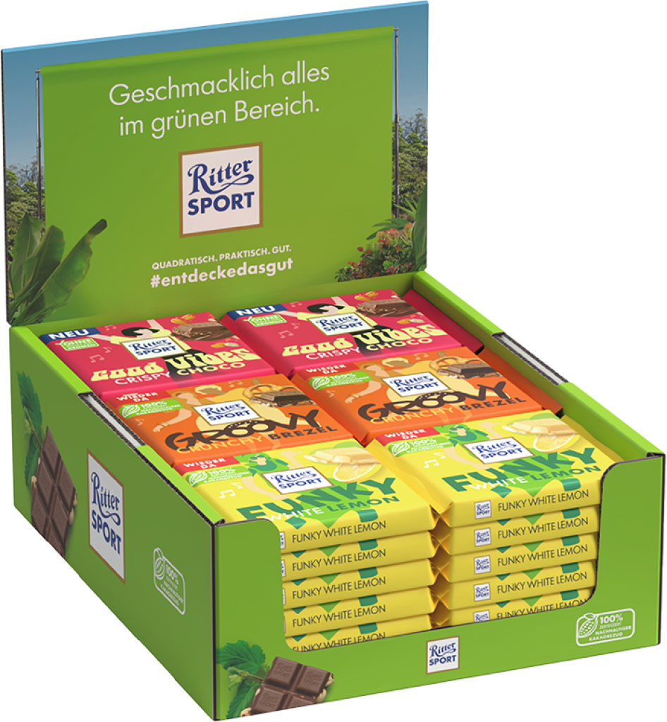 36 100g Ta Ritter Sport Tasty Vibes 3-fach sortiert Thekendisplay 
