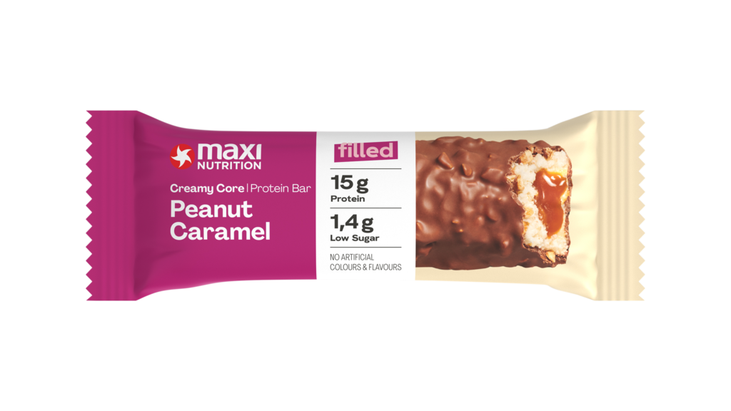 12 45grPg MaxiNutrition Creamy Core Protein Bar Peanut Caramel 