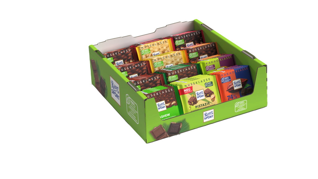 1 63St Pg Ritter Sport 100g Nuss- & Kakao-Klasse Regalsortimentskarton 9-fach sortiert 