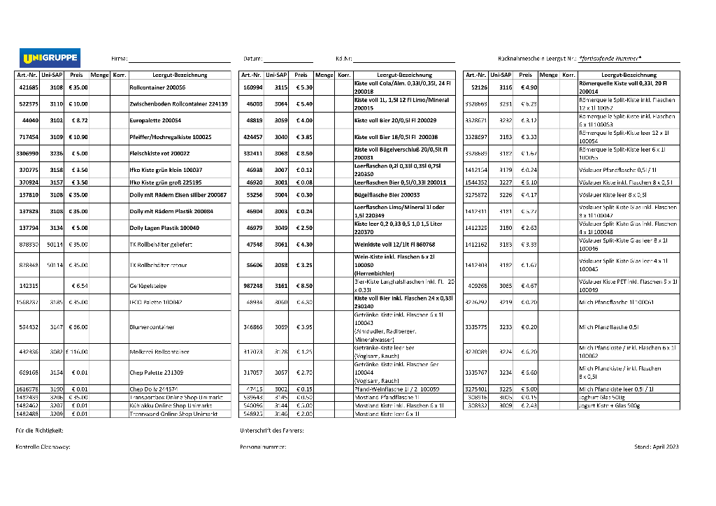 1 St Pg Gebindeblock unik für Leergut 