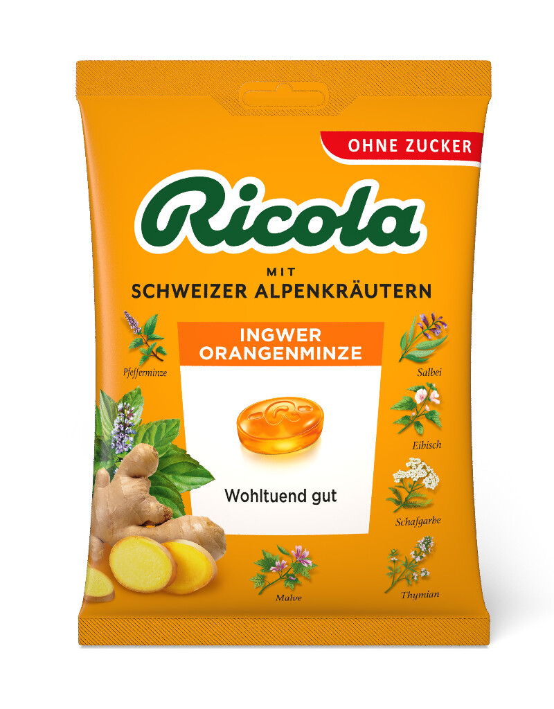 18 75g Bt Ricola Ingwer Orangenminze zuckerfrei 